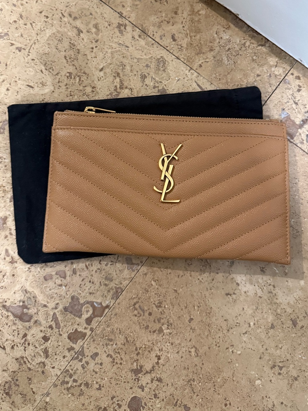 Saint Laurent Quilted Grain de Poudre Zip Pouch with Gold YSL